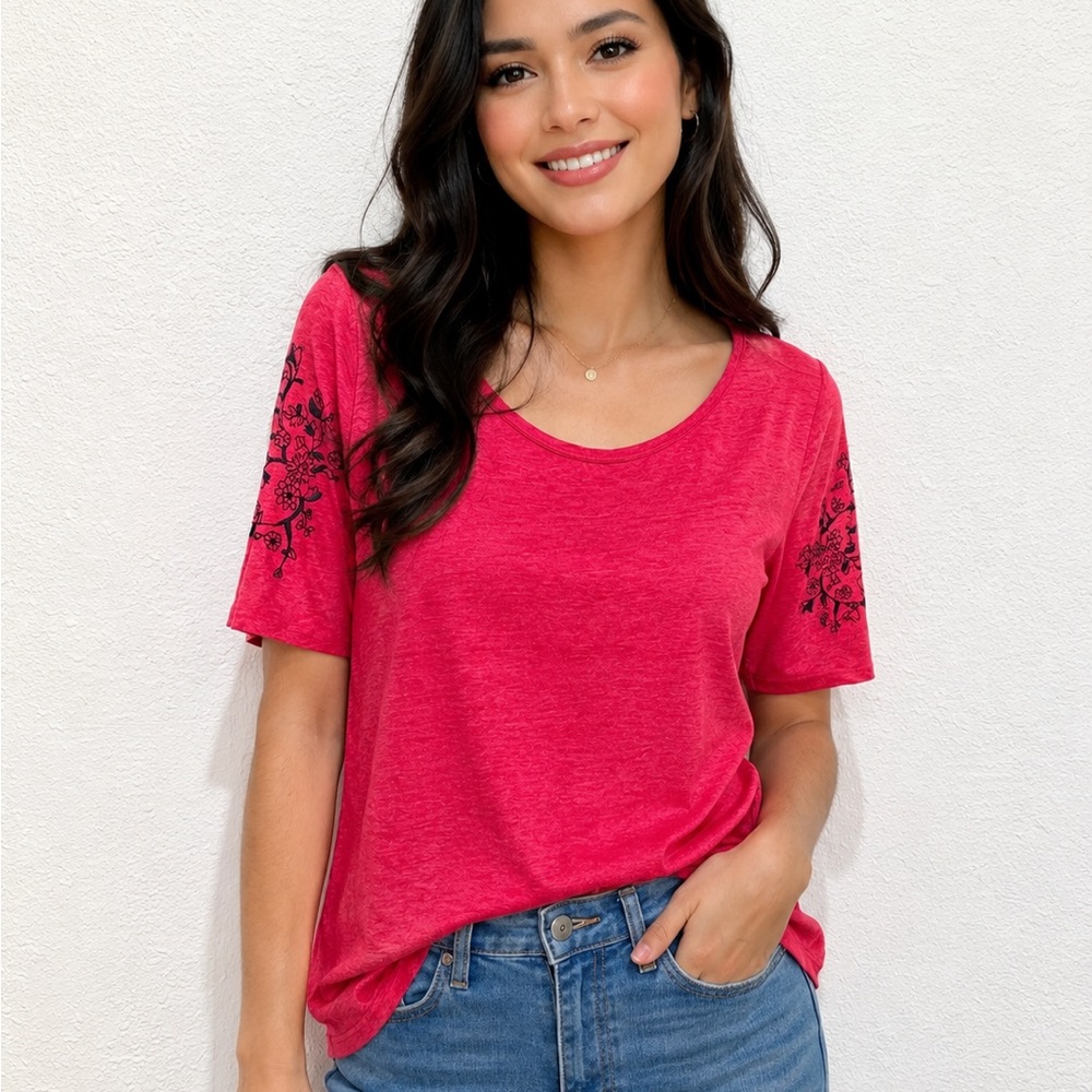 LOFT 100% linen Hot Pink Scoop Neck Short Sleeve embroidered sleeves M